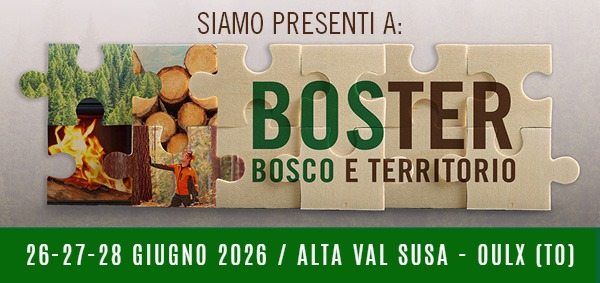 Banner BOSTER Bosco e Territorio, fiera forestale 2026 a Oulx in Alta Val Susa, dal 26 al 28 giugno 2026