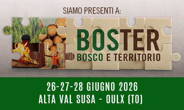 Grafica promozionale BOSTER 2026 per espositori con logo della fiera, date 26-27-28 giugno 2026 e sede Oulx in Alta Val Susa